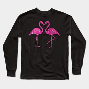 Bright Pink Faux Glitter Flamingos Silhouette Long Sleeve T-Shirt